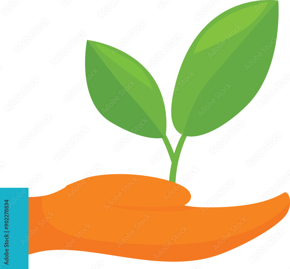 Hand wearing an orange glove is holding a small plant with two green leaves Hand wearing an orange glove is holding a small plant with two green leaves