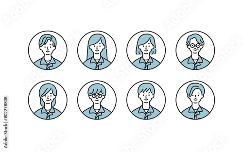 シンプルな線画で描かれた作業着を着た男女のイラストセット