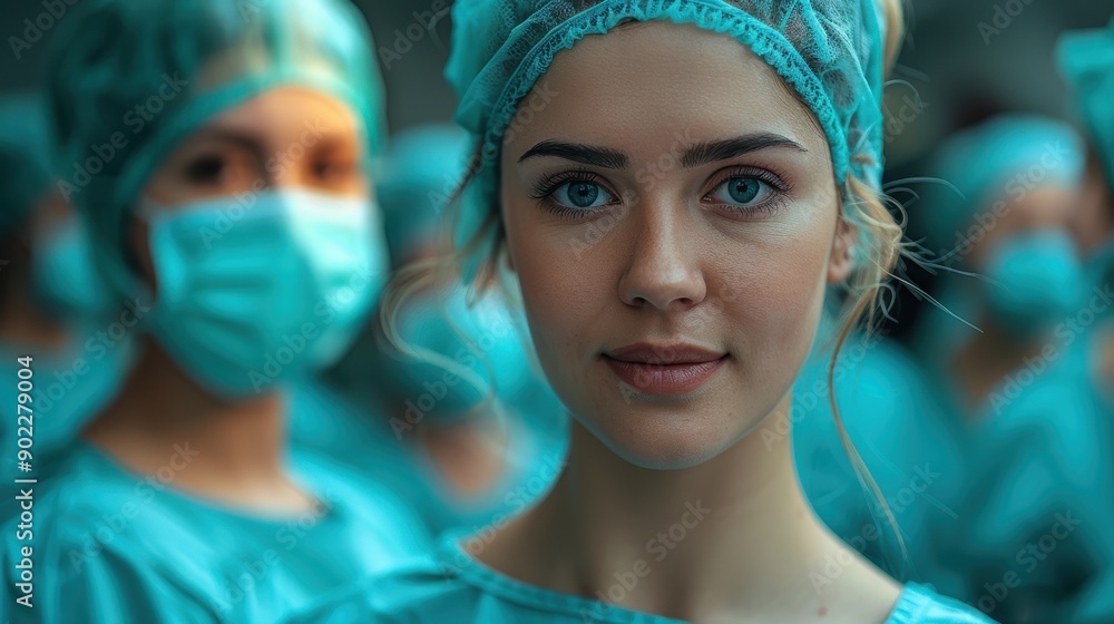 A woman in a blue surgical gown is smiling at the camera. She is surrounded by other people in blue scrubs A woman in a blue surgical gown is smiling at the camera. She is surrounded by other people in blue scrubs