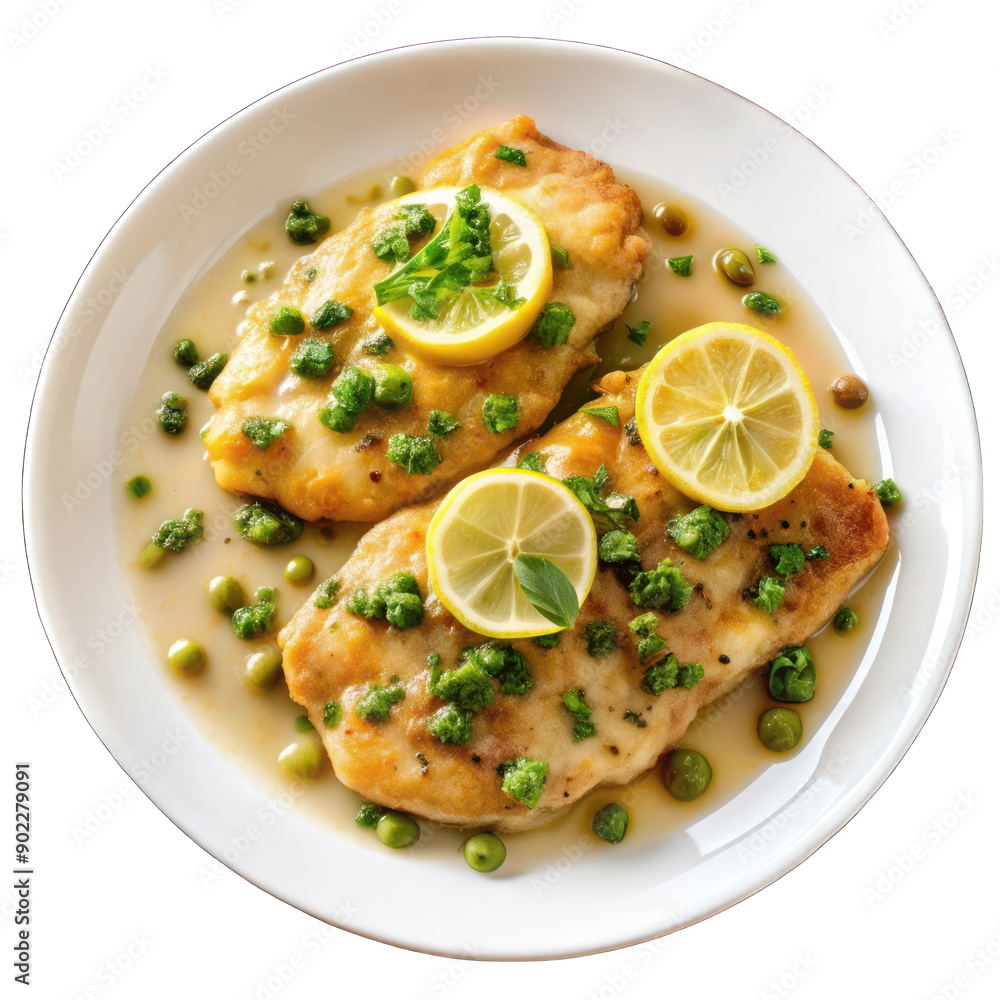 Chicken piccata on white plate top view isolated on transparent background Chicken piccata on white plate top view isolated on transparent background