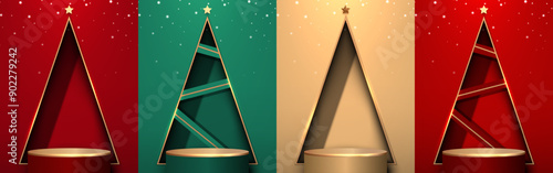 Set of stage podium with triangle wall in luxury style, light and star. Pedestal design for product display on Christmas day. Vector illustration.