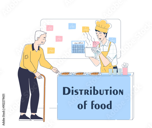 Distribution of food. Young guy offers eating for senior. Volunteer give eatings for hungry old man. Generosity and kindness, charity. Linear vector illustration isolated on white background