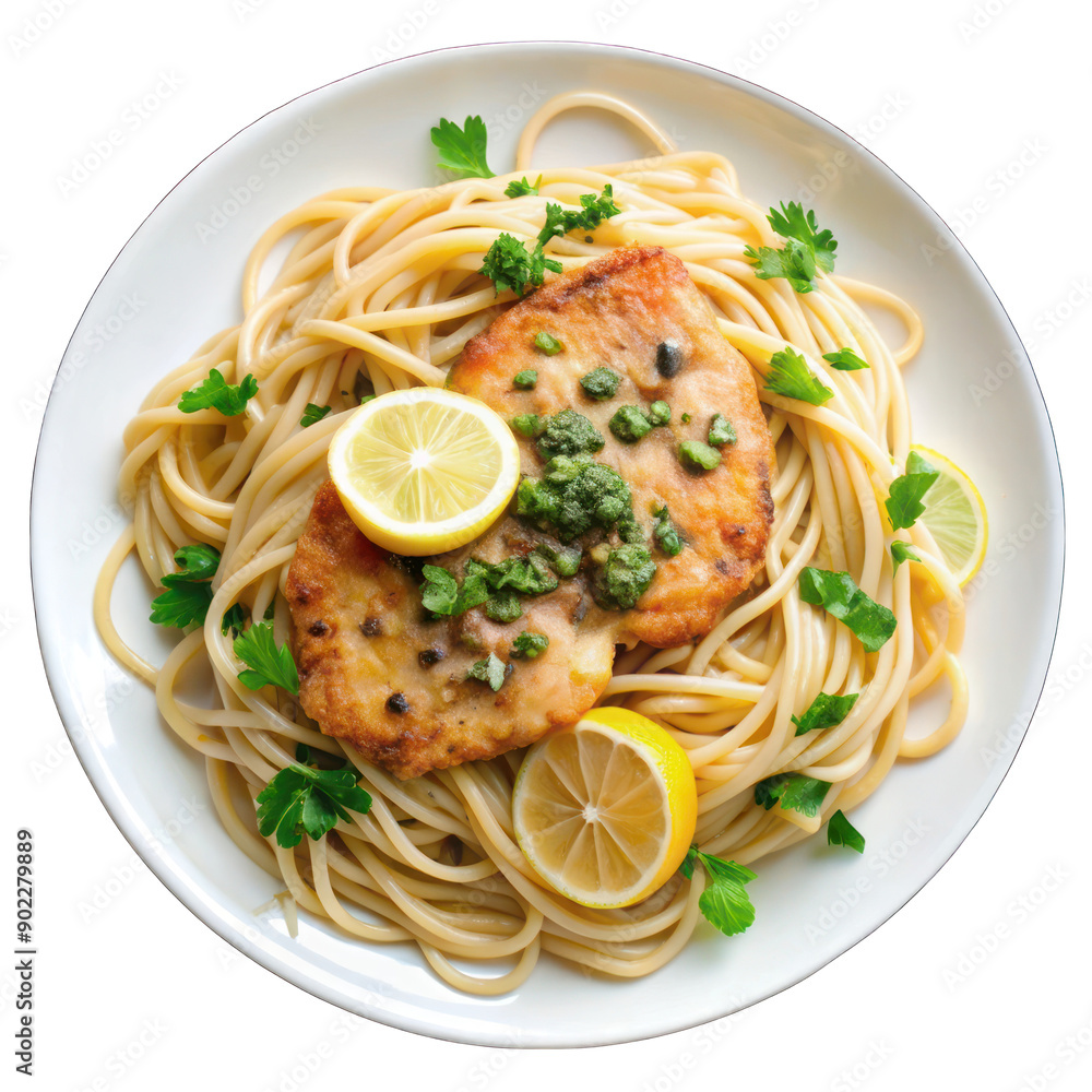 Chicken piccata with lemon caper sauce over spaghetti pasta on white plate on transparent Chicken piccata with lemon caper sauce over spaghetti pasta on white plate on transparent