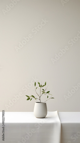 white minimalist plant and table scene setting poster background with Generative © yonshan