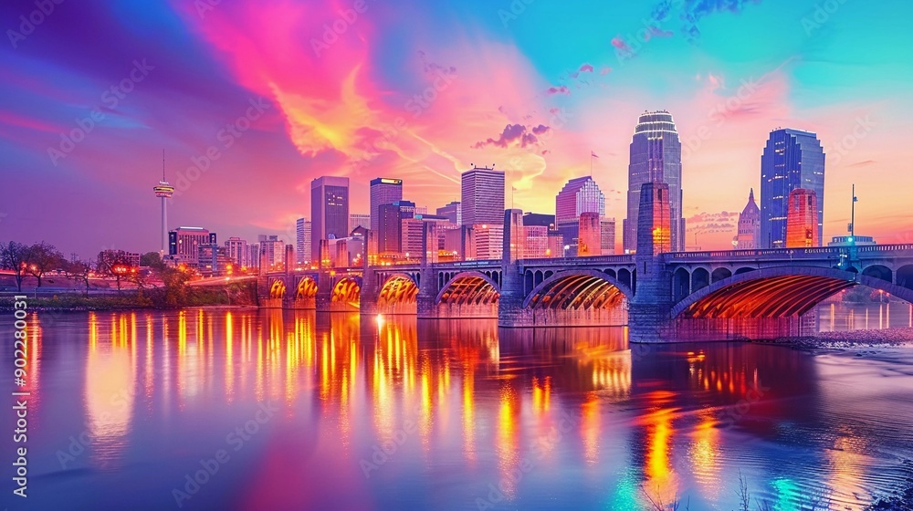 Fototapeta premium Vibrant Sunset Over a Cityscape with a Bridge and River
