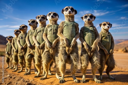 Elite meerkat special forces unit stands at attention, armed and poised for battle, in a desert landscape, fiercely defending their wild territory from rival gangs. photo