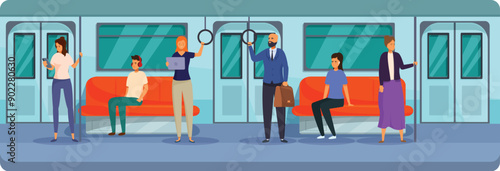 Diverse group of people standing and sitting in a modern subway train car