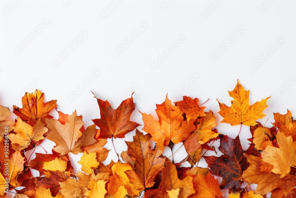 A collection of vibrant orange, yellow, and red maple leaves arranged along the bottom edge of a white surface A collection of vibrant orange, yellow, and red maple leaves arranged along the bottom edge of a white surface