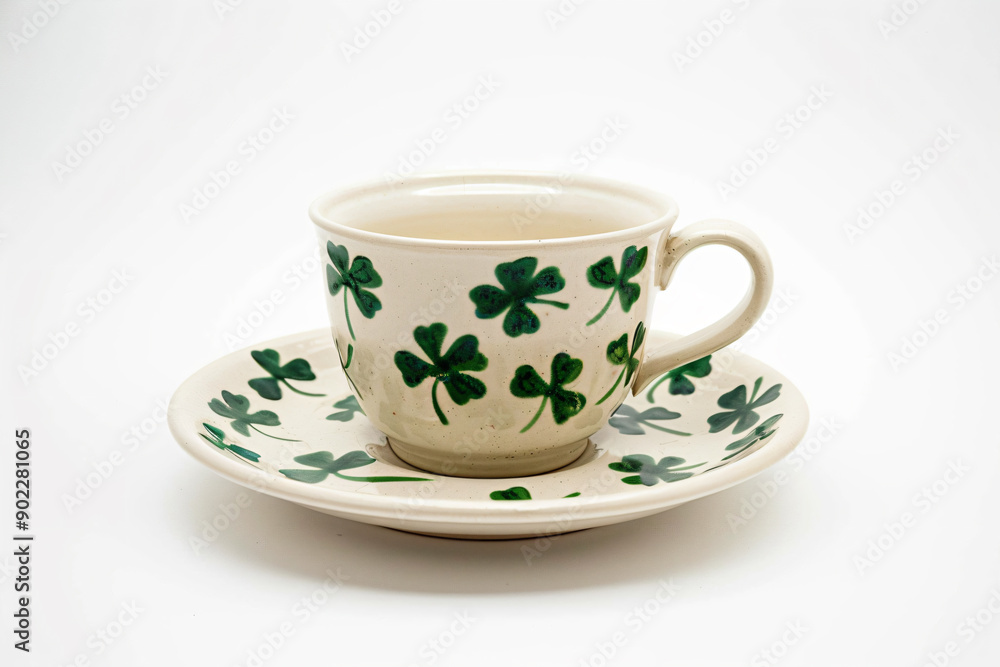 a cup and saucer with a shamrock design