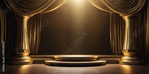 aesthetic luxurious gold draped empty stage with spotl background photo