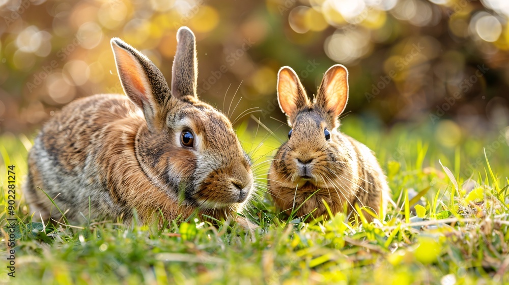 High-resolution shot of a rabbit resting beside a guinea pig in a garden with significant empty space on the right side of the image Stock Photo with copy space High-resolution shot of a rabbit resting beside a guinea pig in a garden with significant empty space on the right side of the image Stock Photo with copy space