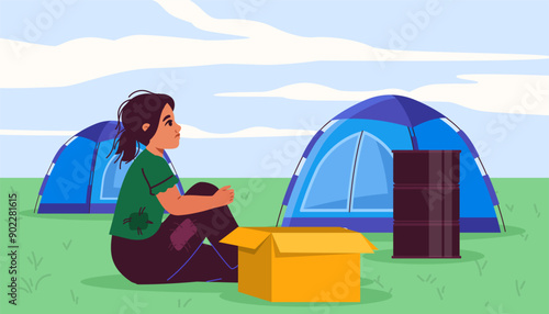 Poor girl near tent. Child sits near cardboard box and fire. Kid trying to warm up. Poverty and misery. Schoolgirl in refugee camp. Flat vector illustration isolated on white background