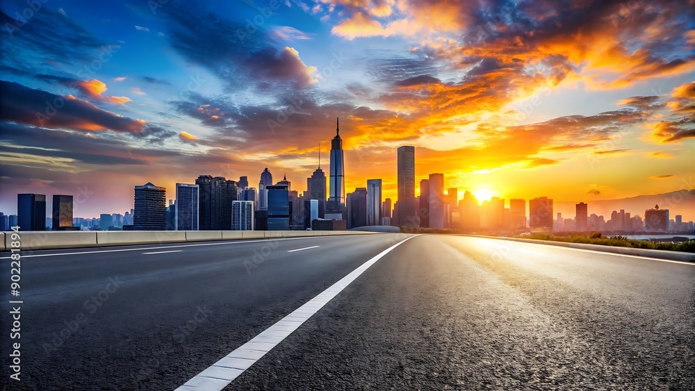Fototapeta premium Empty Road Leading to Cityscape with Sunset Sky.