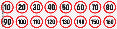 Speed limit signs. Set of generic speed limit signs. Maximum speed roadway signboard.Vector illustration.
