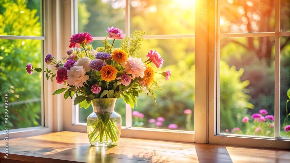 Bright Bouquet of Flowers on Windowsill with Sunshine. Bright Bouquet of Flowers on Windowsill with Sunshine.