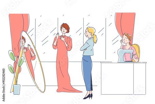 Fashion atelier with woman. Girl looks at dress in front of mirror. Aesthetics and elegance, fashion and style. Needlecraft and handicraft. Linear vector illustration isolated on white background