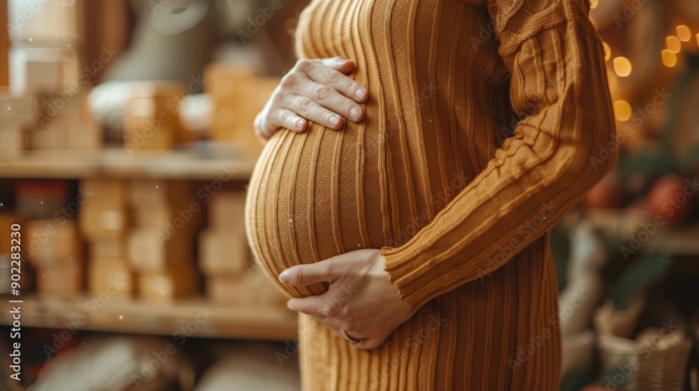 Fototapeta premium Young pregnant woman in a close-up shot, softly touching her belly and focusing on health care