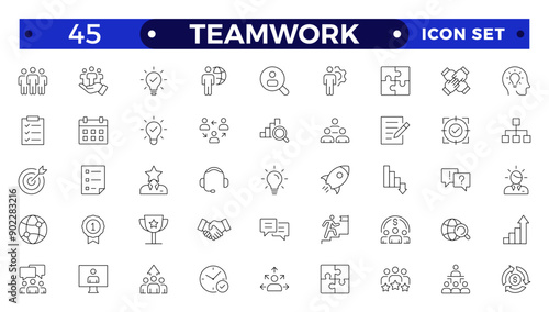 Outline icons related to management, administration, supervision, leadership, business, governance. Linear icon collection. Teamwork icon collection.