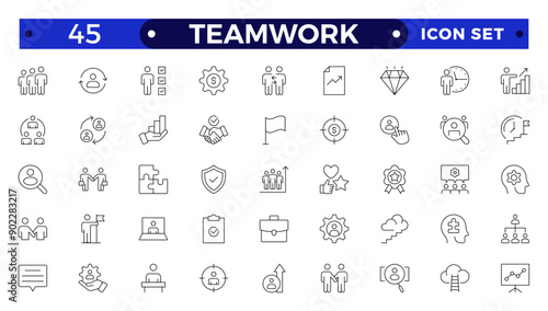 Outline icons related to management, administration, supervision, leadership, business, governance. Linear icon collection. Teamwork icon collection.