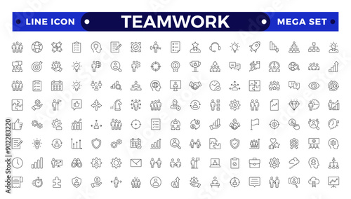 Outline icons related to management, administration, supervision, leadership, business, governance. Linear icon collection. Teamwork icon collection.