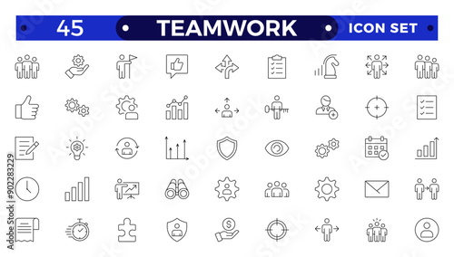 Outline icons related to management, administration, supervision, leadership, business, governance. Linear icon collection. Teamwork icon collection.