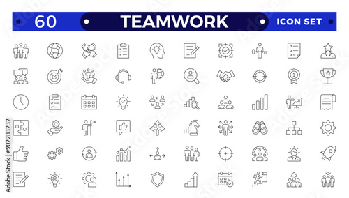 Outline icons related to management, administration, supervision, leadership, business, governance. Linear icon collection. Teamwork icon collection.