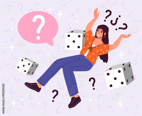Fear of unpredictability. Woman falls near dice. Investor and trader with risky investment market. Market opportunity and obstacle. Flat vector illustration isolated on white background