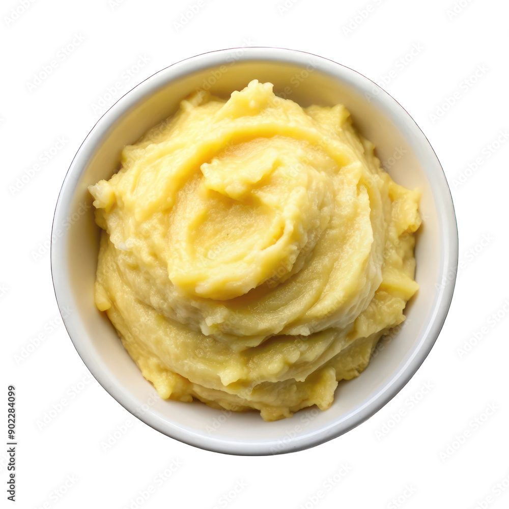 Creamy yellow mashed cassava on white bowl on transparent background Creamy yellow mashed cassava on white bowl on transparent background