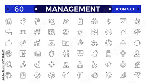 Outline icons related to management, administration, supervision, leadership, business, governance. Linear icon collection. Teamwork icon collection.