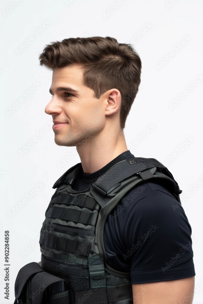 Young policeman wearing security bulletproof vest uniform over white background looking to side Young policeman wearing security bulletproof vest uniform over white background looking to side