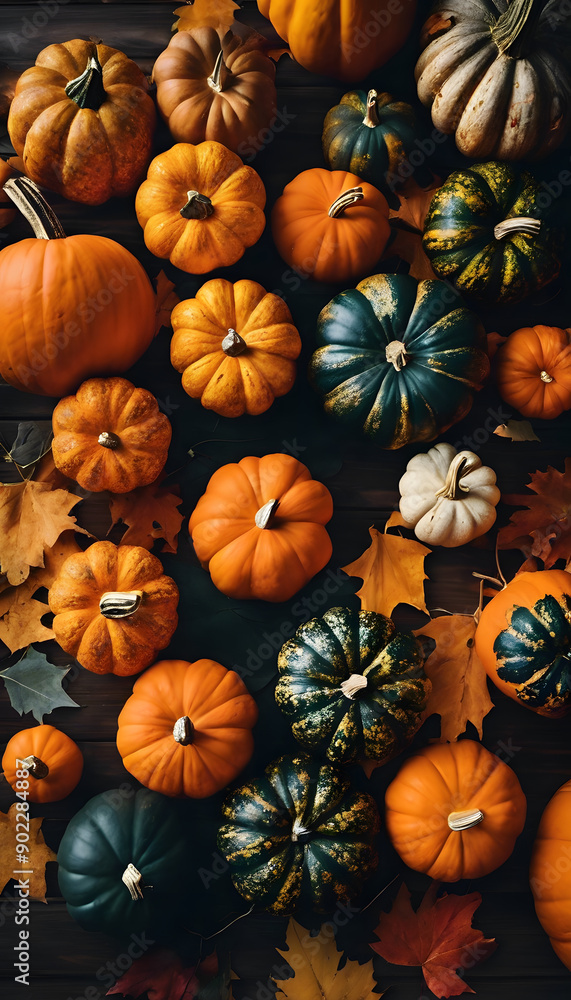 A variety of pumpkins in different shapes and colors, including orange, green, and gray, arranged on a wooden surface with autumn leaves scattered around. A variety of pumpkins in different shapes and colors, including orange, green, and gray, arranged on a wooden surface with autumn leaves scattered around.
