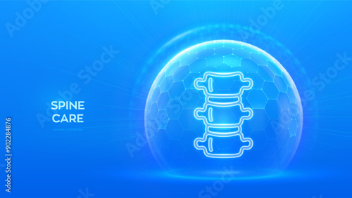 Spine care and protection. Healthy Spine medical concept. Human Spine anatomy organ icon inside protection sphere shield with hexagon pattern on blue background. Vector illustration.