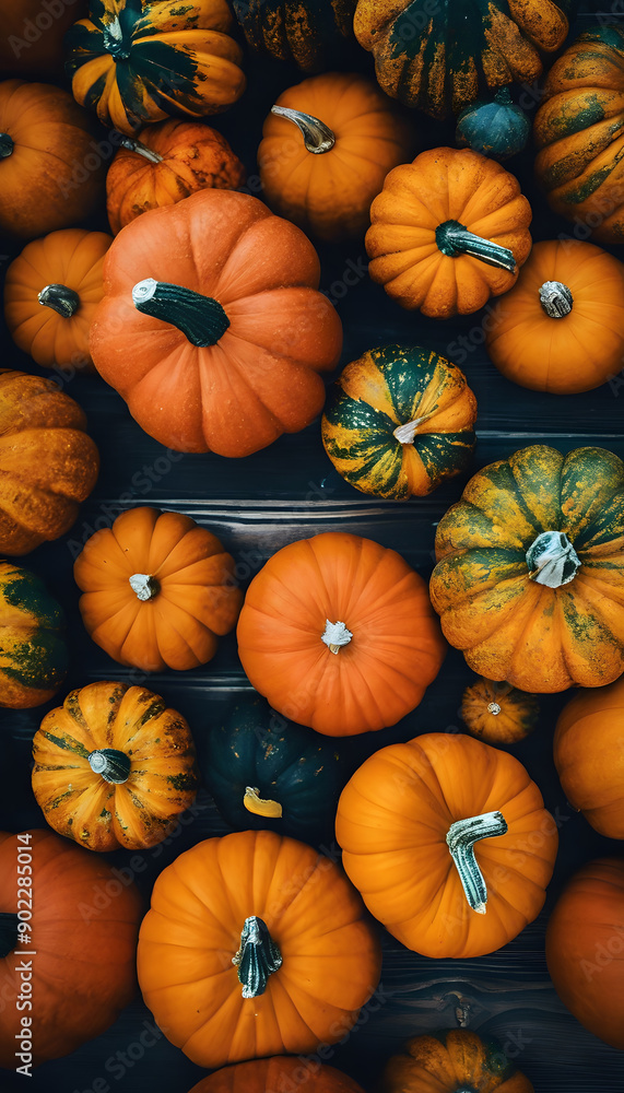 A variety of pumpkins in different shapes and colors, including orange, green, and gray, arranged on a wooden surface with autumn leaves scattered around. A variety of pumpkins in different shapes and colors, including orange, green, and gray, arranged on a wooden surface with autumn leaves scattered around.