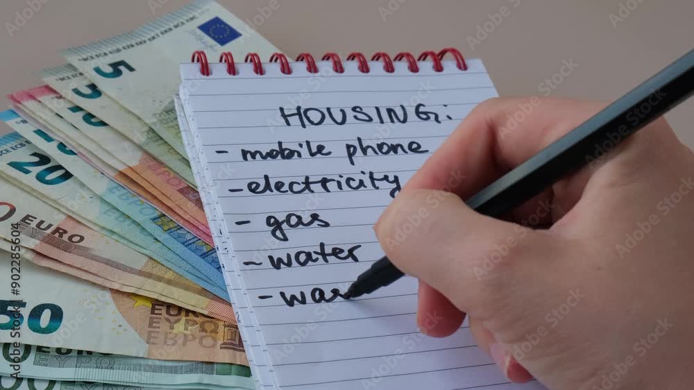 Euro cash money. Woman writes and calculate housing expenses. Counting bills for electricity, gas, water. Concept of Efficient Consumption and Economy. Spending habits Euro cash money. Woman writes and calculate housing expenses. Counting bills for electricity, gas, water. Concept of Efficient Consumption and Economy. Spending habits