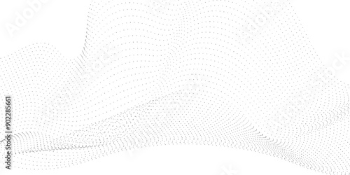 Abstract flowing dots particles wave curved lines on transparent background. Black halftone gradient smooth curve line shape background. Design for frequency sound, technology, science, banner. Vector