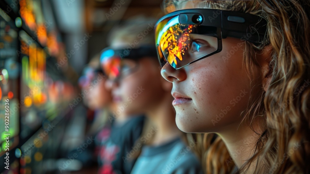 Augmented Reality Learning: Illustrate students using augmented reality glasses to visualize complex scientific concepts in a classroom setting. Augmented Reality Learning: Illustrate students using augmented reality glasses to visualize complex scientific concepts in a classroom setting.