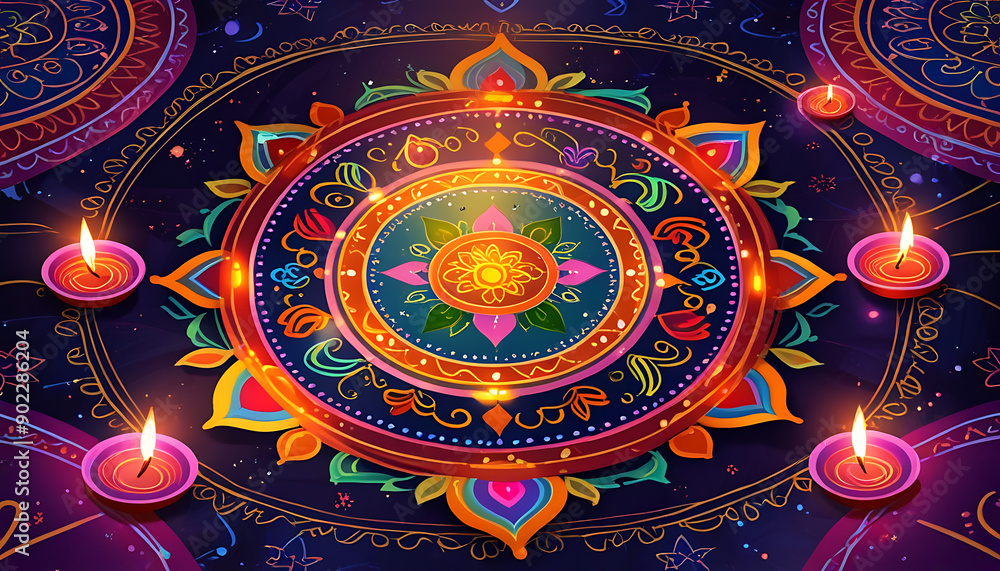 custom made wallpaper toronto digitalAn elaborate digital illustration of Diwali Rangoli designs with colorful patterns and glowing elements, creating a festive and inviting atmosphere, with space for text.