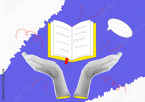 Halftone collage hands and open floating book with handwriting, torn paper. Banner with education concept on blue dotted background. Back to school. Contemporary vector illustration
