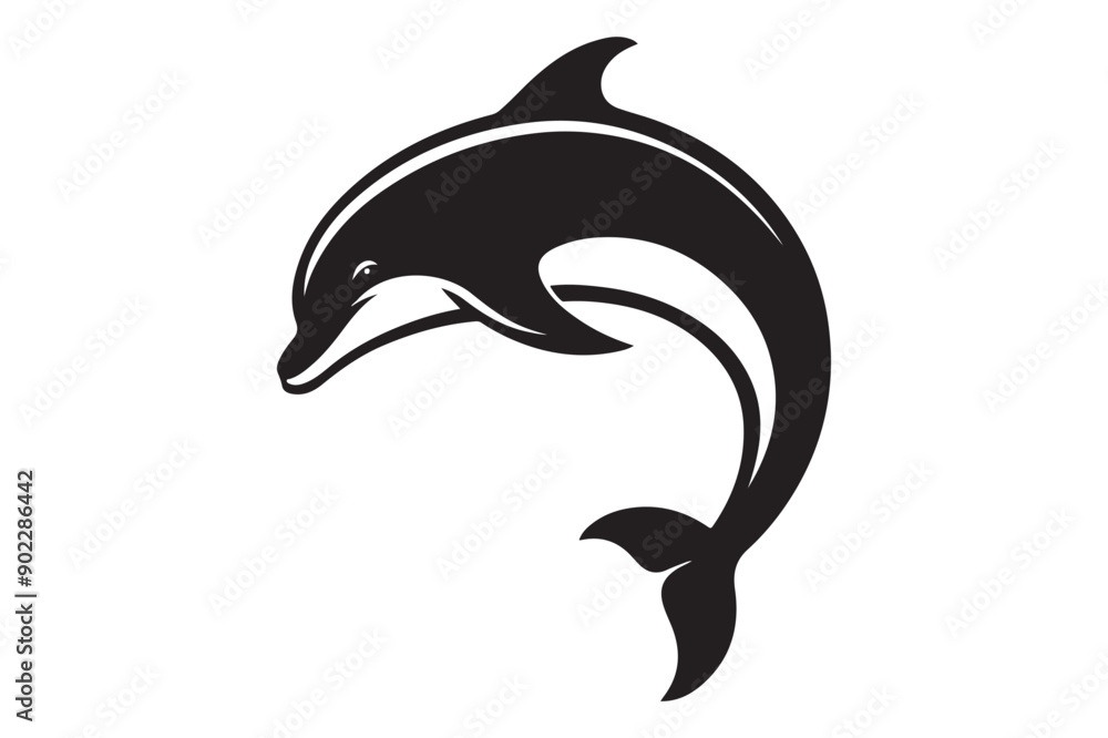 Naklejka premium A silhouette black and white dolphin on white background - Generative AI
