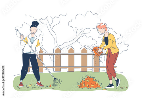 Garden autumn work. Women with rakes collect orange leaves. Backyard and garden work in fall season. People with household chores. Linear vector illustration isolated on white background