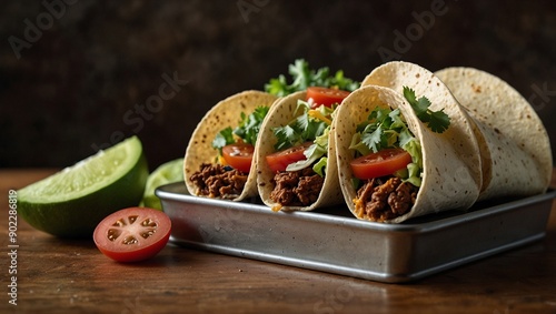 Tacos and Burritos: A vibrant taco with layers of colorful ingredients like lettuce, tomatoes, cheese, and seasoned meat. Display a few tacos in a taco holder with garnishes like lime wedges and cilan photo