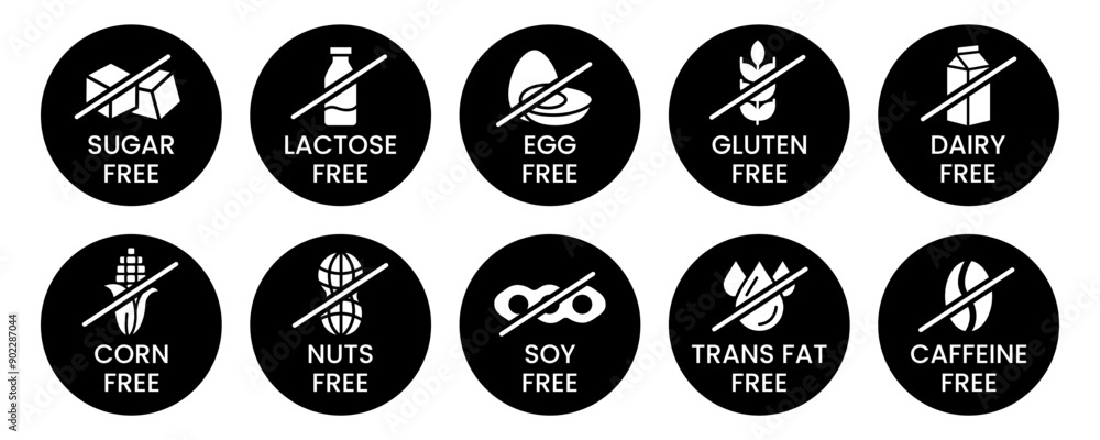 Naklejka premium Set allergen free icons. Allergen free products. Products warning symbols. Lactose, gluten, sugar, corn, egg, trans fat, soy, nuts free, coffeine sign.