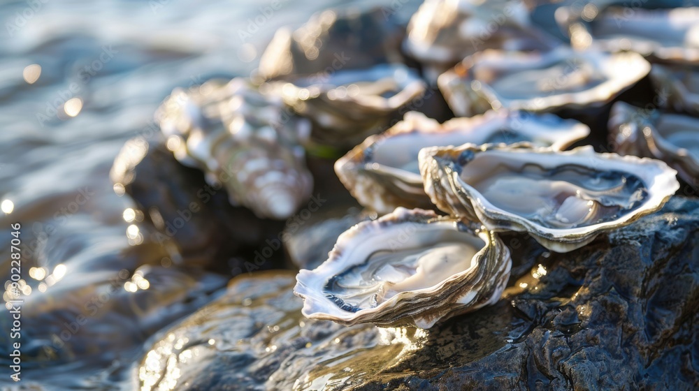 Freshly shucked oysters placed on rocks by the seaside Freshly shucked oysters placed on rocks by the seaside