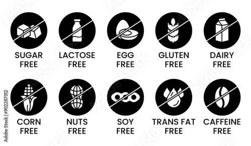 Set allergen free icons. Allergen free products. Products warning symbols. Lactose, gluten, sugar, corn, egg, trans fat, soy, nuts free, coffeine sign.