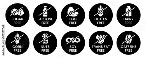 Set allergen free icons. Allergen free products. Products warning symbols. Lactose, gluten, sugar, corn, egg, trans fat, soy, nuts free, coffeine sign.