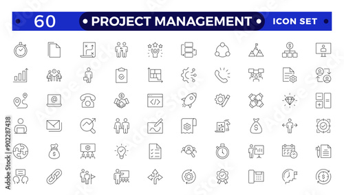 Project management icon collection. Time management and planning concept. Business or organization management icons for web and mobile app. Time management, planning, project, startup, marketing.