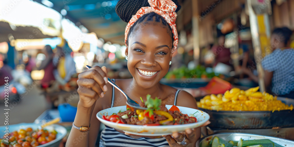 Fototapeta premium african woman. A young woman smiles brightly while enjoying a delicious meal at a bustling market.