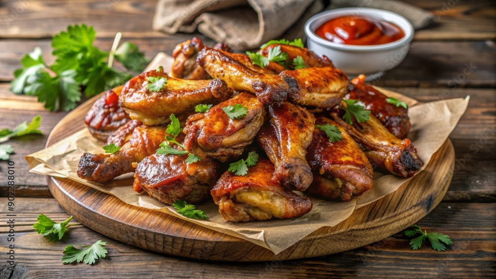 Juicy smoked chicken wings piled high on distressed rustic wooden platter, garnished with fresh parsley, surrounded by tangy barbecue sauce and crumpled paper towels. Juicy smoked chicken wings piled high on distressed rustic wooden platter, garnished with fresh parsley, surrounded by tangy barbecue sauce and crumpled paper towels.