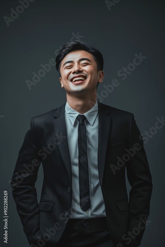 A man in a black suit and tie laughing