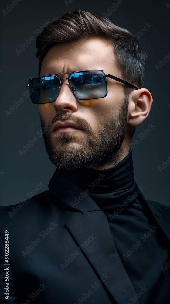 A man with a beard wearing a black suit and sunglasses A man with a beard wearing a black suit and sunglasses